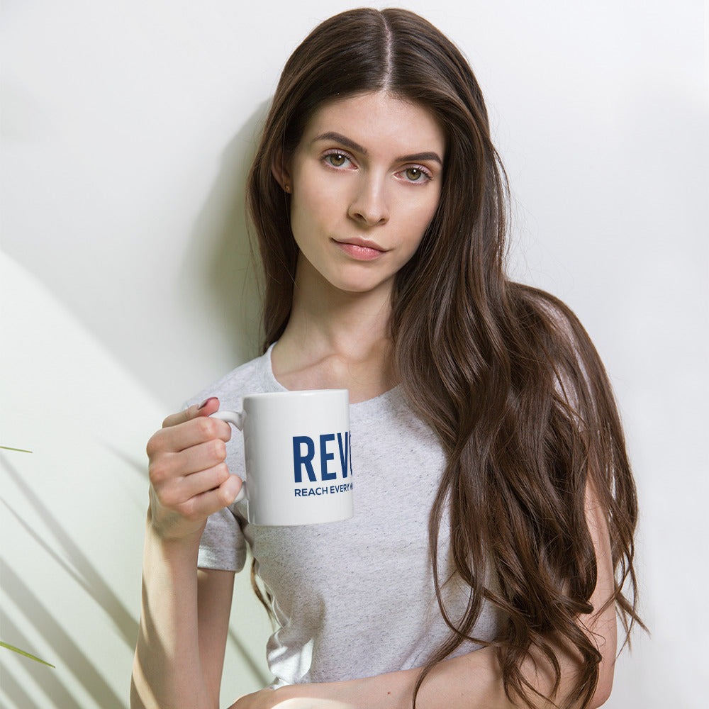 Revolt Blindfold  Blue Font White glossy mug