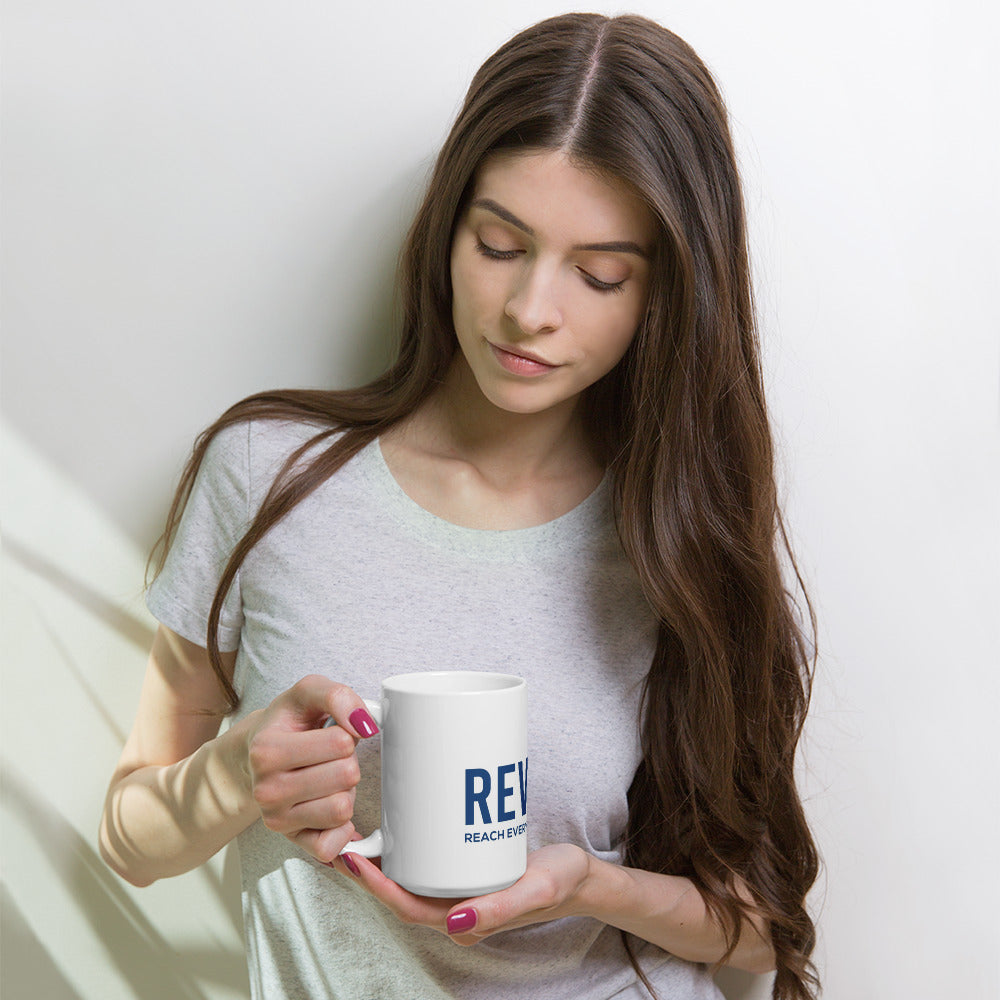 Revolt Blindfold  Blue Font White glossy mug