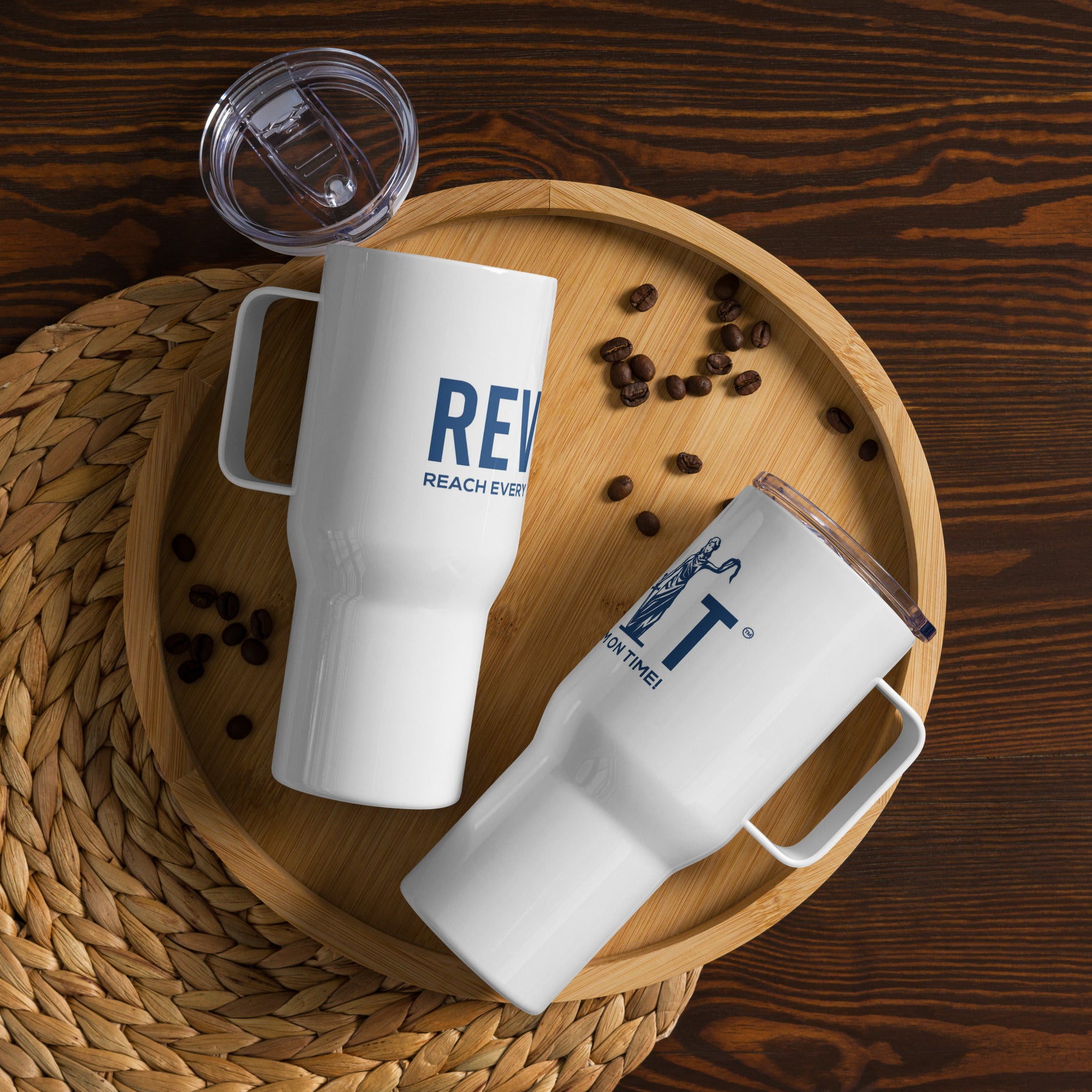 Revolt Blindfold Blue Font Travel mug with a handle