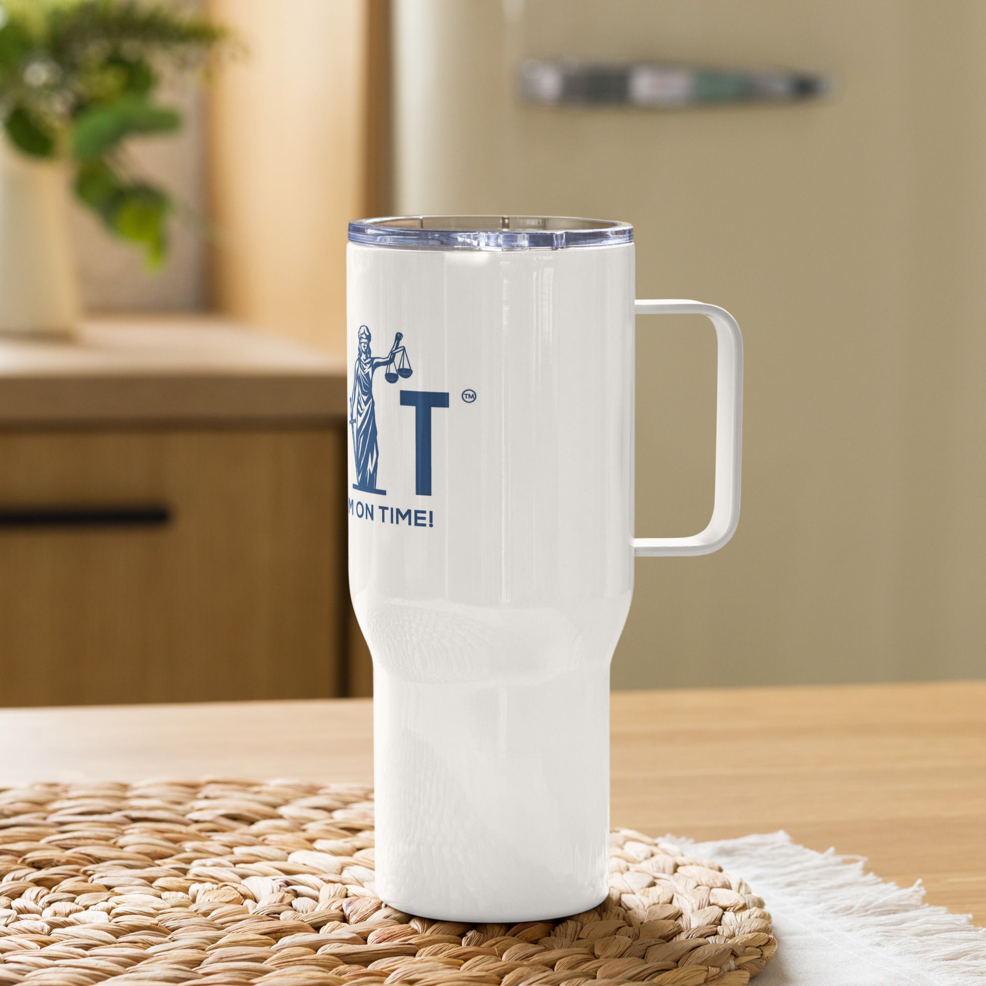 Revolt Scales Blue Font Travel mug with a handle